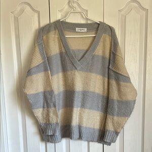 Carly Jean Los Angeles V-Neck Sweater in blueish grey and Cream Stripes